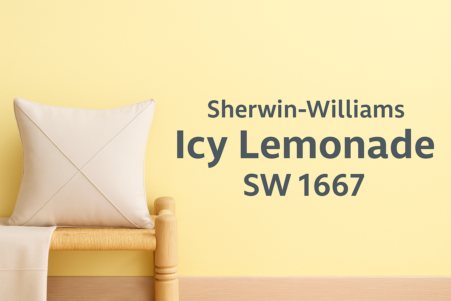 Pillow on woven bench against wall painted in Sherwin-Williams Icy Lemonade (SW 1667), a soft buttery yellow