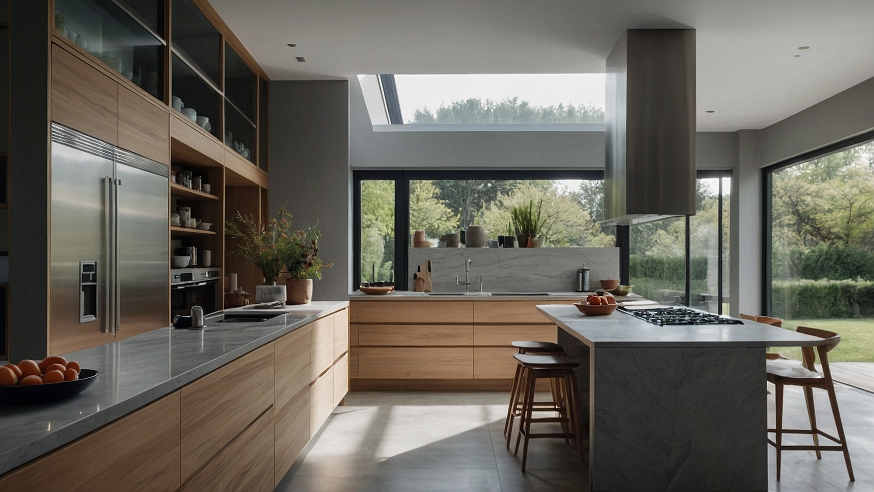 White oak kitchen with natural light and gray stone counters, showing 2025 wood cabinet design style.