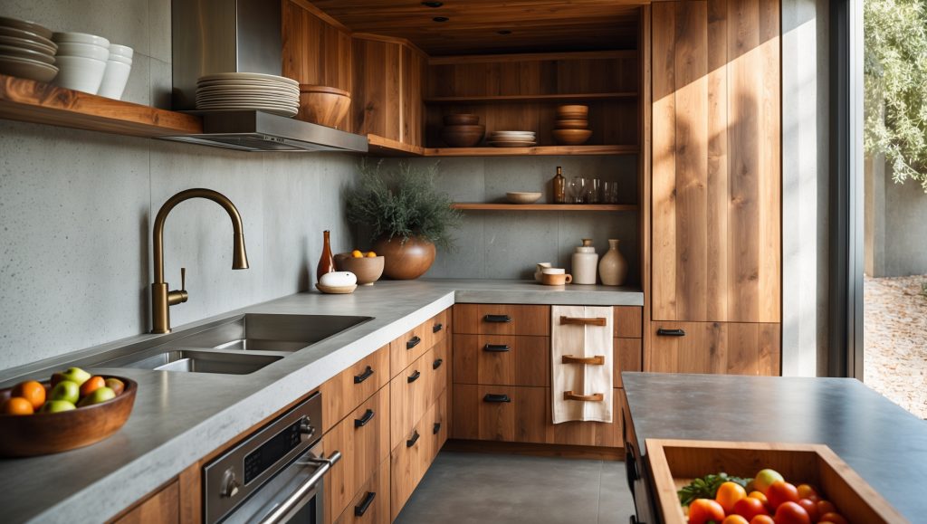 Rustic kitchen with hickory wood cabinets, concrete-style countertops, brass faucet, and matte black hardware, styled with warm minimal decor.