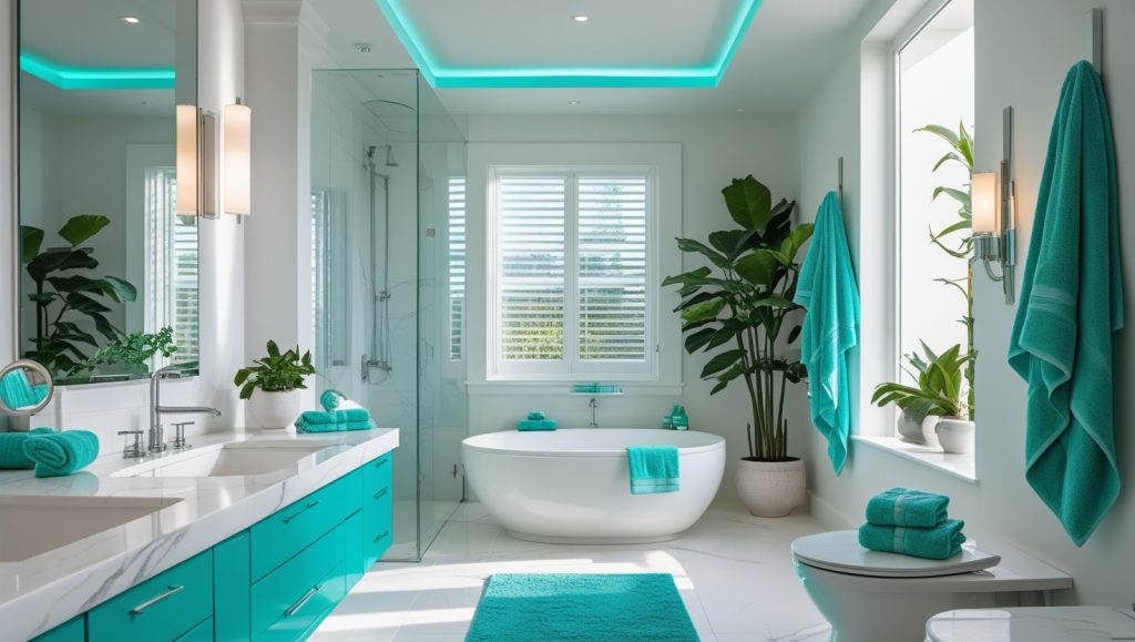 Modern spa-like bathroom with bright teal cabinetry and towels, white soaking tub, and natural lighting.