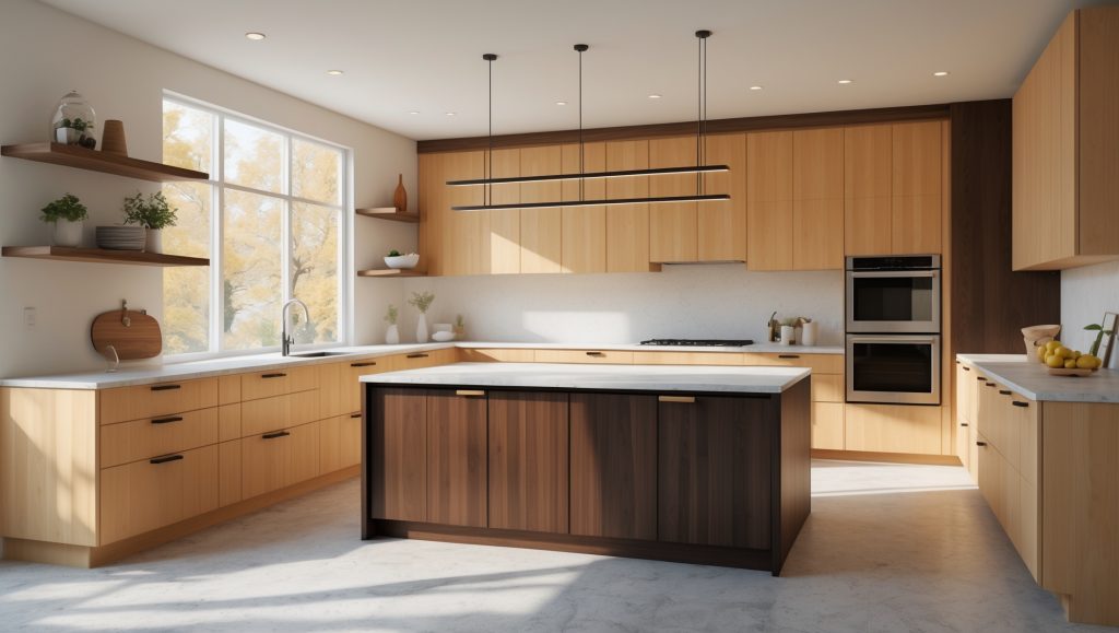 Bright kitchen with light maple wood cabinets, white countertops, black hardware, and a dark walnut island, designed in a minimalist modern style.