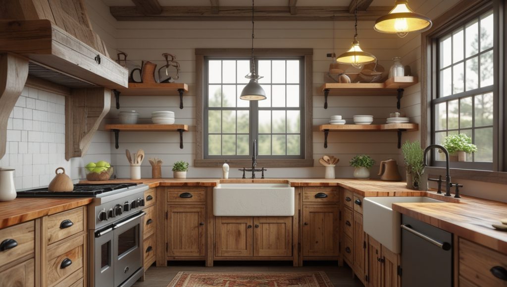 Rustic kitchen with knotted pine cabinetry, wood countertops, shiplap walls, and open shelving, styled with matte black accents.