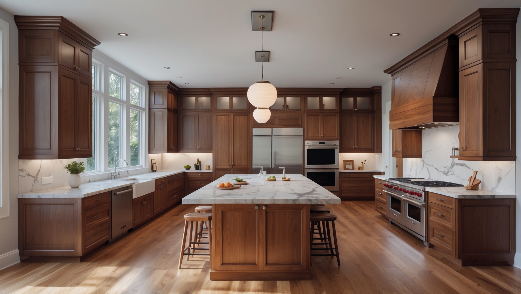 Large modern kitchen with alder wood cabinets, white marble counters, stainless appliances, and warm wood floors.
