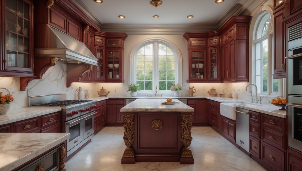 Elegant kitchen with cherry wood cabinets, white marble countertops, arched window, and gold hardware details, designed in a traditional American style.