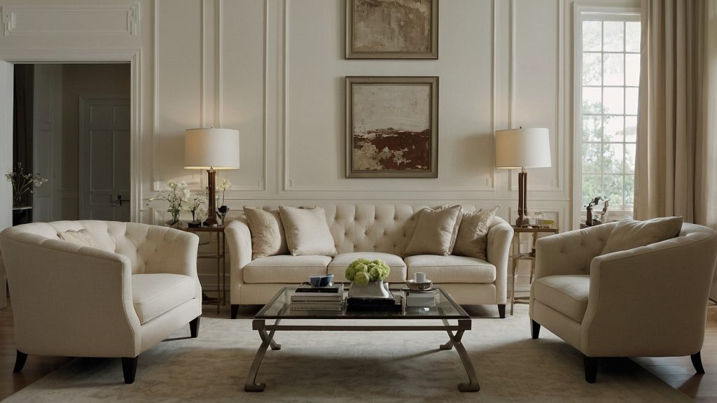 Living room with walls painted in Behr Smoky White (BWC-13), featuring tufted cream seating, tall panel molding, and soft beige curtains
