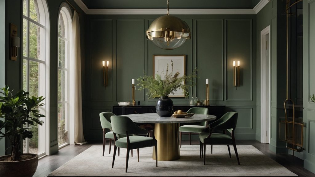 Dining room painted in Farrow & Ball Card Room Green with arched windows, velvet green chairs, gold lighting, and wall paneling