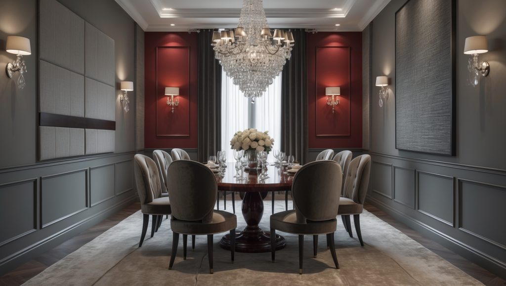 Elegant dining room with taupe gray paneling and deep red accent walls, featuring a crystal chandelier and velvet chairs.