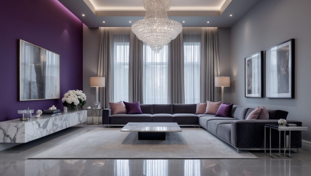 Elegant living room with deep purple accent wall, light gray walls, and a large velvet sectional.