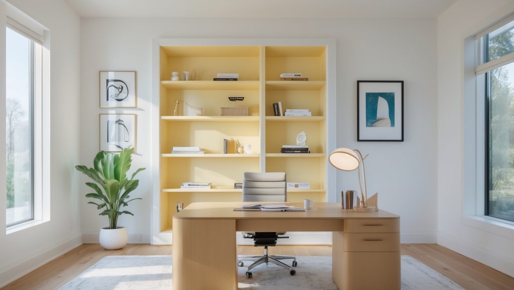 Modern home office with white walls and a built-in bookshelf painted in Sherwin-Williams Icy Lemonade (SW 1667). Light wood desk, neutral chair, and soft natural light create a calm, creative space.
