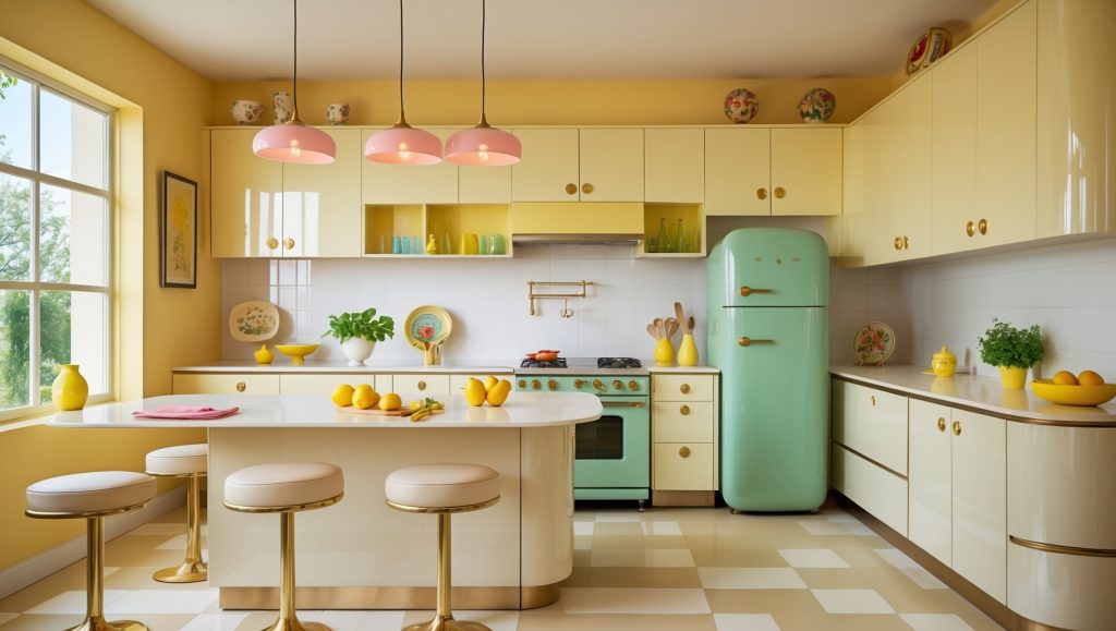 A retro-inspired kitchen with walls painted in Sherwin-Williams Icy Lemonade (SW 1667), featuring buttery yellow cabinetry, vintage mint appliances, and gold-accented bar stools.