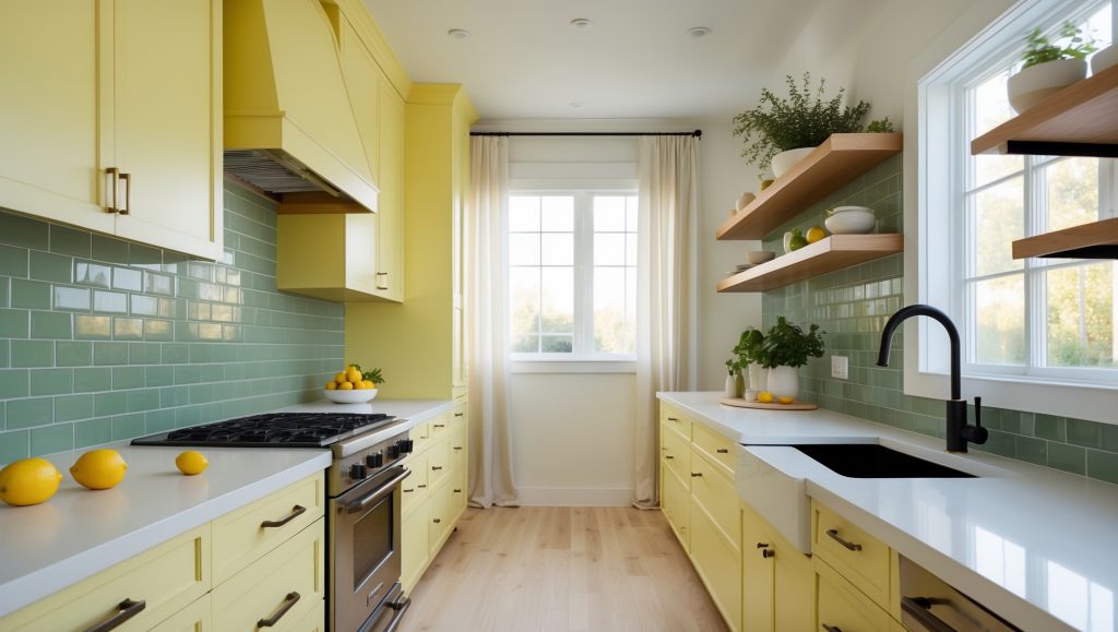 A modern kitchen featuring Sherwin-Williams Icy Lemonade (SW 1667) yellow cabinets and a glossy Evergreen Fog (SW 9130) subway tile backsplash. The space includes white countertops, natural wood shelving, and black fixtures under natural light.
