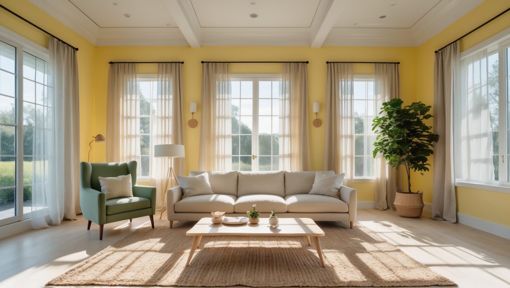 Spacious living room with walls painted in Sherwin-Williams Icy Lemonade (SW 1667), light wood floors, neutral sofa, sheer curtains, and a soft green accent chair.
