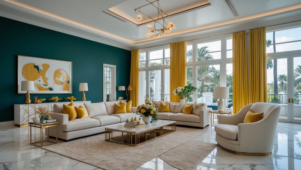 Deep teal and mustard yellow living room with layered lighting, modern furniture, and warm textures.