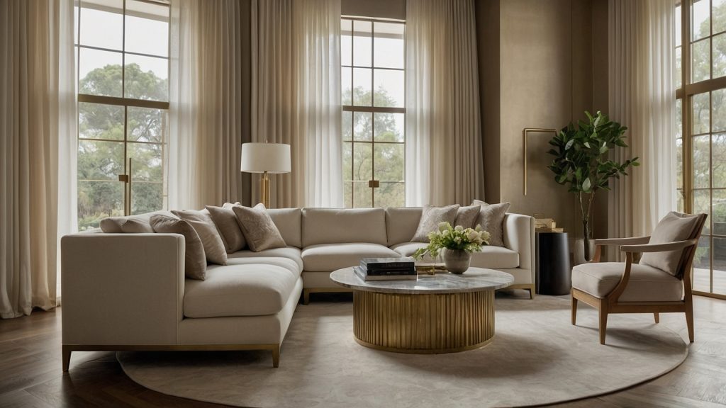 Living room with walls painted in Benjamin Moore Pashmina (AF-100), featuring neutral decor, soft textures, and gold accents