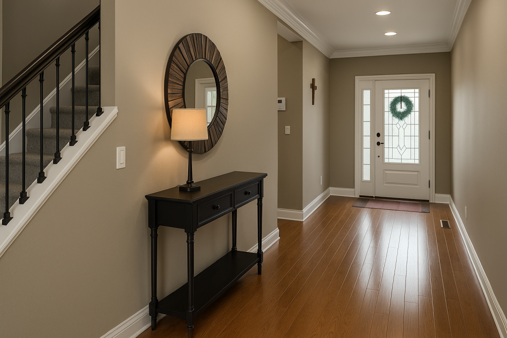 Entryway painted in Sherwin-Williams Shiitake (SW 9173) with warm taupe walls, white trim, and wood flooring