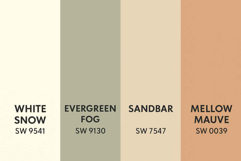 A 4-color vertical swatch showing Sherwin-Williams coordinating colors: White Snow SW 9541, Evergreen Fog SW 9130, Sandbar SW 7547, and Mellow Mauve SW 0039 — designed to pair with Icy Lemonade.
