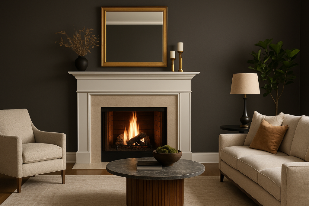 Living room with Sherwin-Williams Urbane Bronze accent wall behind a fireplace, featuring warm wood flooring, neutral furniture, and modern built-ins