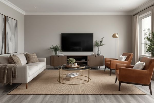 Modern living room with cool gray wood floors, beige walls, and warm accents like leather armchairs and gold lighting.