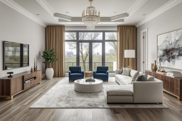 Elegant living room with cool gray wood floors, Agreeable Gray walls, deep blue accent chairs, and warm wood furniture.