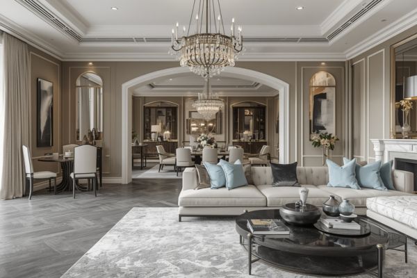 Elegant open-concept living and dining room with , beige walls, soft blue pillows, and crystal chandeliers.
