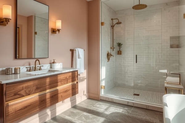 blush bathroom wood vanity
