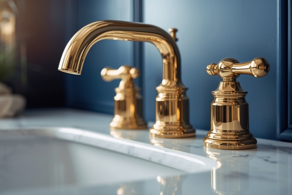 close-up of brass bathroom fixtures against deep blue wall