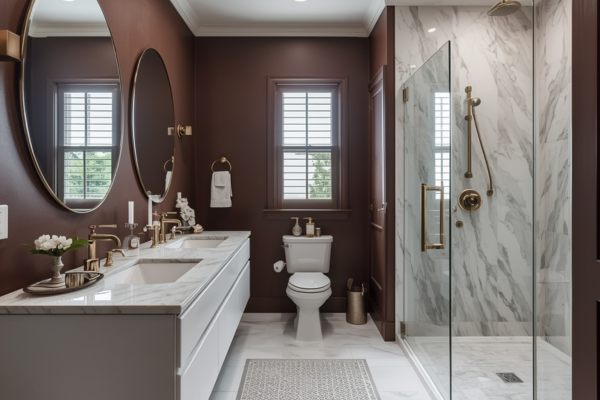 brown bathroom brass fixtures
