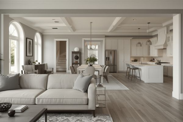 Open-concept living room and kitchen with Classic Gray walls, neutral gray wood floors, beige furniture, and white cabinetry.