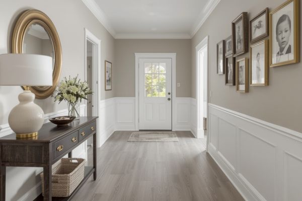 Entryway with cool gray wood floors and warm neutral walls for balanced contrast
