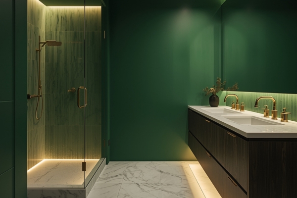 luxury emerald green bathroom with under vanity lighting and brass fixtures