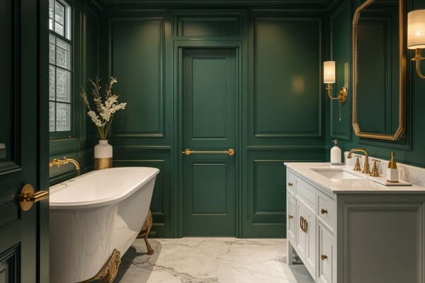 luxury bathroom with emerald green walls and brass fixtures