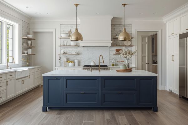 Navy blue kitchen island with warm gray wood floors and brass accents in a modern open-concept design.