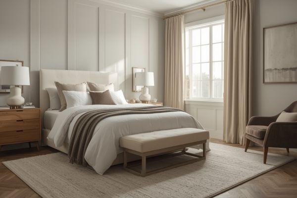 Bedroom with neutral gray wood floors, light bedding, wood nightstands, woven rug, and a mix of natural textures.