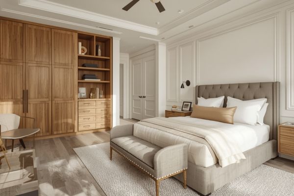 Bedroom with neutral gray wood floors, honey oak built-ins, soft beige bedding, and warm wood furniture.