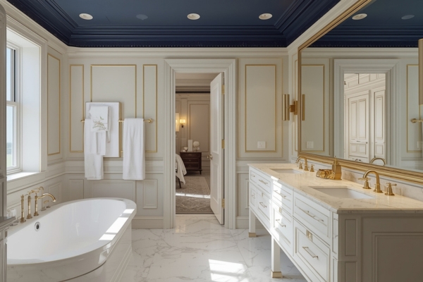 luxury bathroom with navy painted ceiling and marble finishes