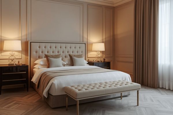 Elegant bedroom with beige walls, layered bedding, and soft warm lighting.