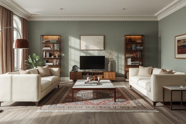 Living room with warm grey wood flooring and Benjamin Moore October Mist green walls, styled with cream sofas and mid-century wood accents.