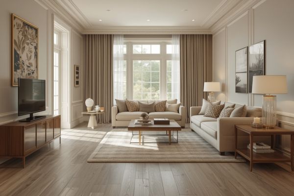 Bright living room with Pale Oak walls, beige sofas, striped rug, and medium-tone wood furniture.