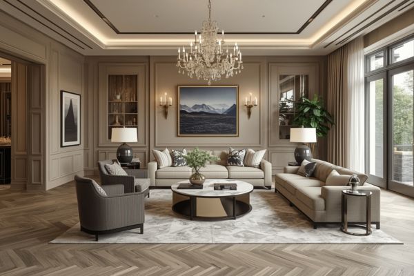Elegant living room with warm grey herringbone wood floors and Benjamin Moore Pashmina walls, styled with layered neutrals and traditional trim.
