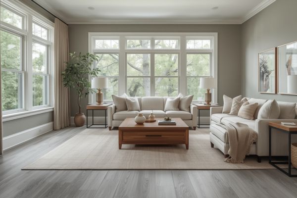 Living room with Repose Gray walls, neutral gray wood floors, beige sectional sofa, wood coffee table, and large windows.