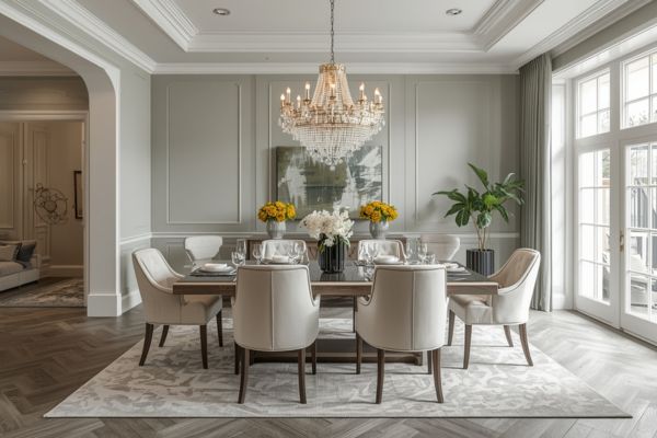 Elegant dining room with Revere Pewter walls, cool gray wood herringbone floors, crystal chandelier, and white chairs.
