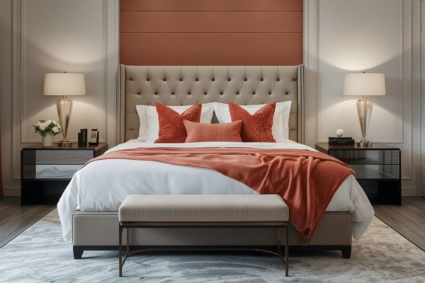 Bedroom with cool gray wood floors, rust-colored pillows and drapes, tufted headboard, and neutral bedding.