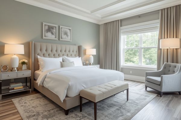 Serene bedroom with gray wood flooring and Sherwin-Williams Sea Salt walls, styled with beige bedding, white trim, and soft natural light.