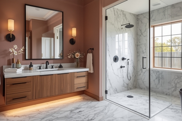 luxury bathroom with Pink walls, black hardware, and marble shower