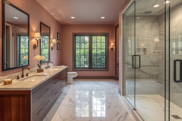 luxury bathroom with Sulking Room Pink walls and black hardware