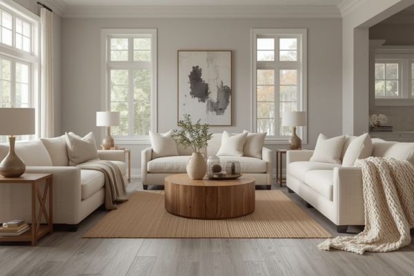 Living room with neutral gray wood floors, ivory sofas, natural fiber rug, wood coffee table, and layered textures in soft tones.