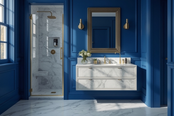 luxury bathroom with deep blue walls and brass fixtures