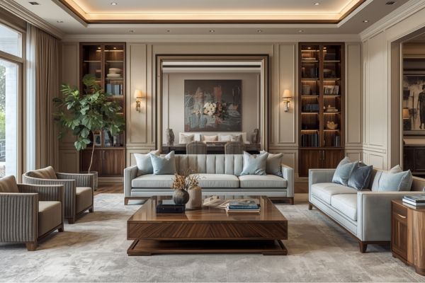 Elegant living room with warm walnut furniture, pale blue sofas, and built-in bookcases.