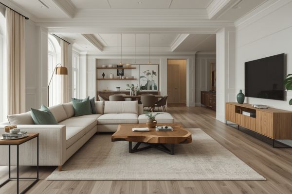 Living room with warm gray wood floors and mid-tone wood furniture, featuring soft neutral walls, a large sectional, and teal accent decor.