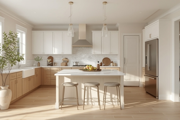 Modern kitchen with soft-white uppers, warm greige lowers, and a light oak island — an example of the best cabinet colors for resale in 2025.